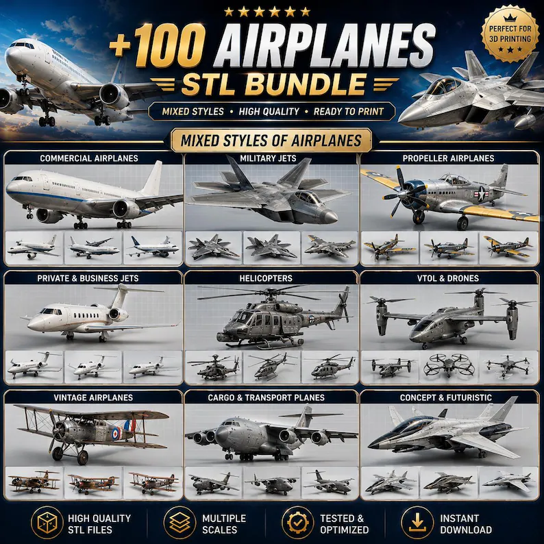 100+ Airplanes STL Bundle | Aircraft Stl Files | Airplane 3D Print Models | Military Jet STL | Aviation STL | Instant Download - Image 2