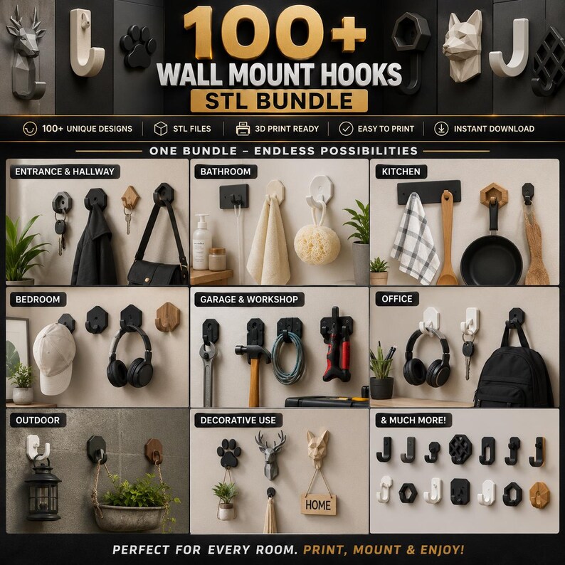 100+ Wall Mount Hooks STL Bundle | 3D Printable Wall Hook Files | Utility Hook STL | Garage Organizer | Instant Download - Image 2